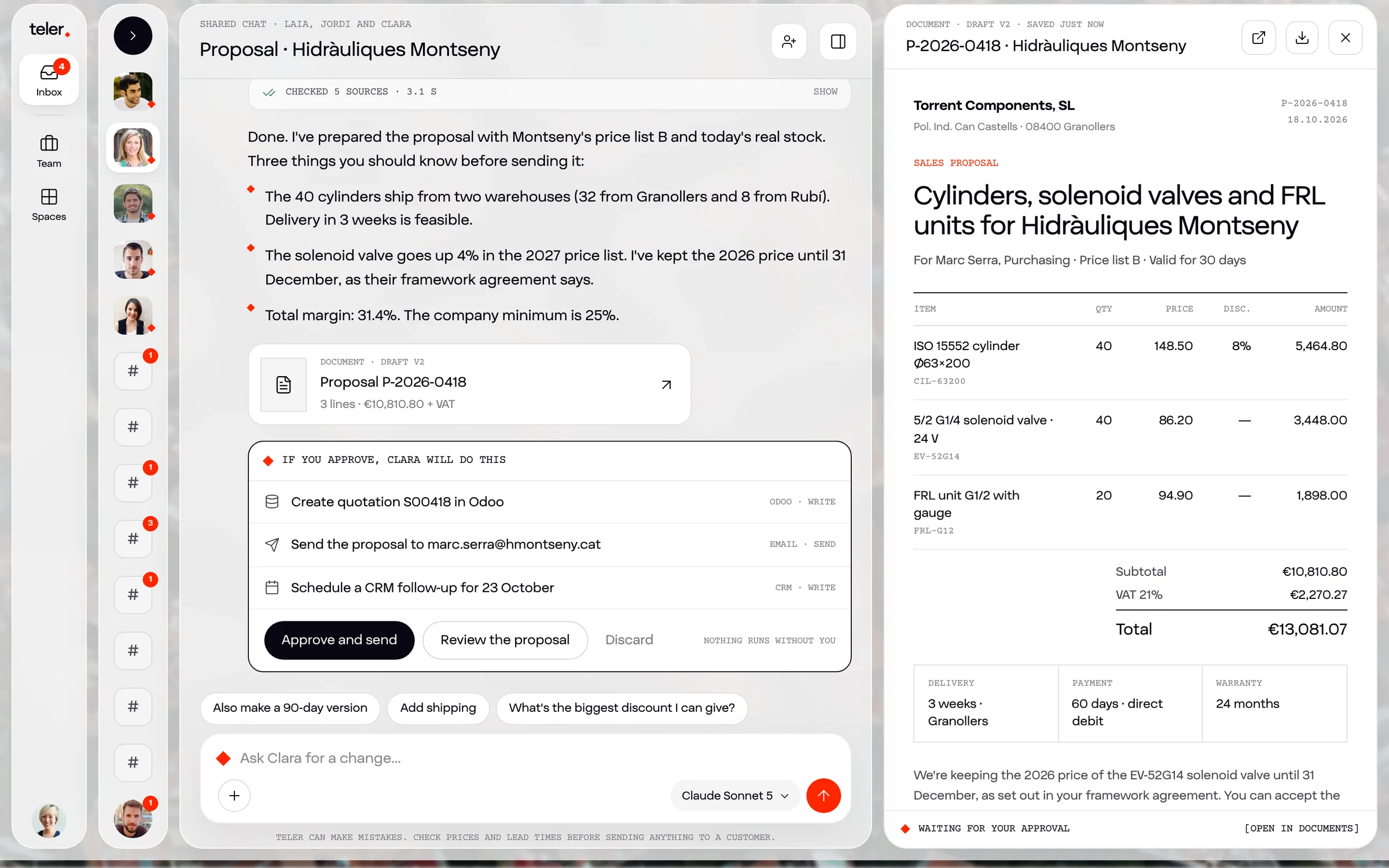 The Teler demo: Clara has drafted a proposal and is waiting for approval