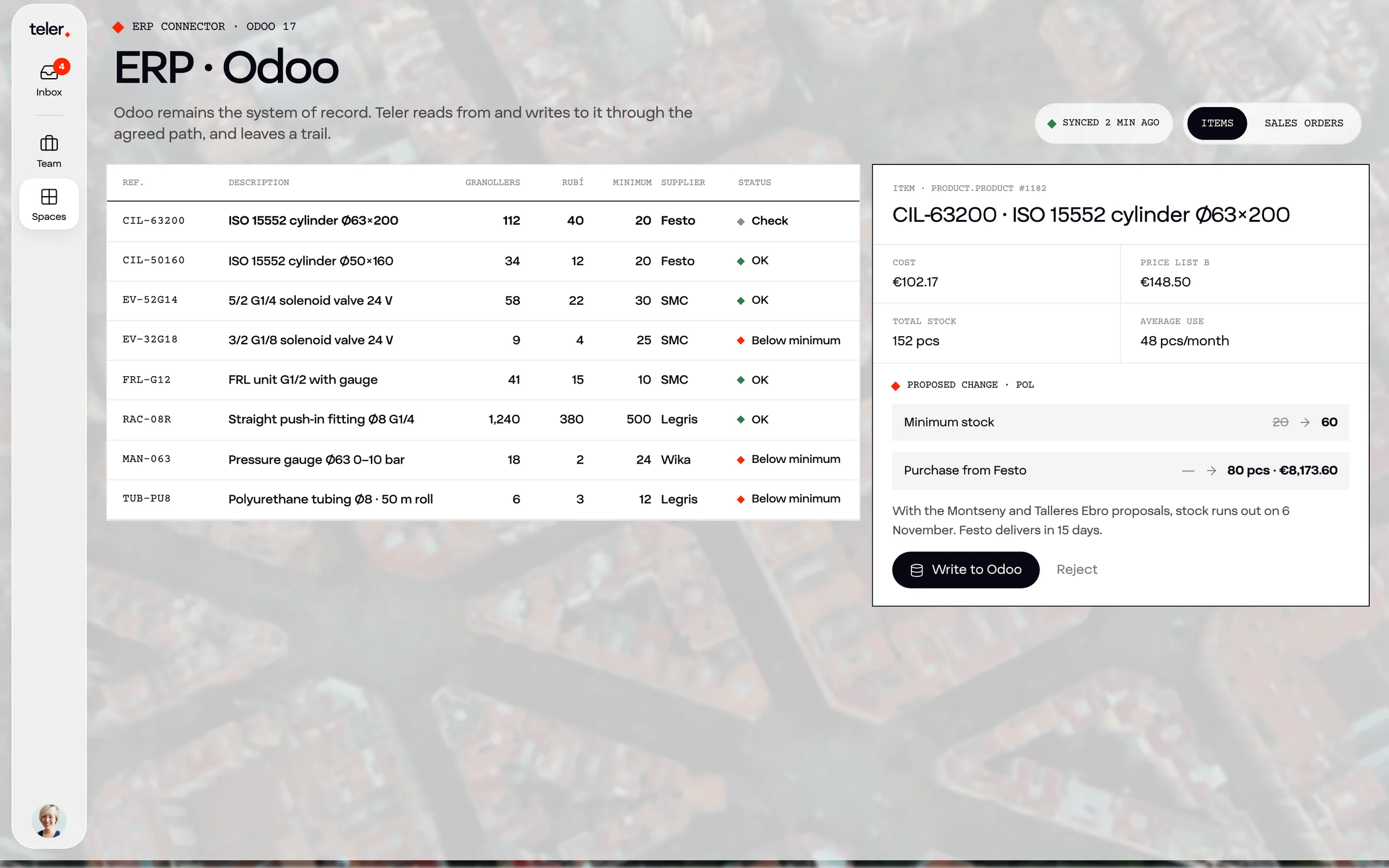 A stock view generated in Teler with live Odoo data