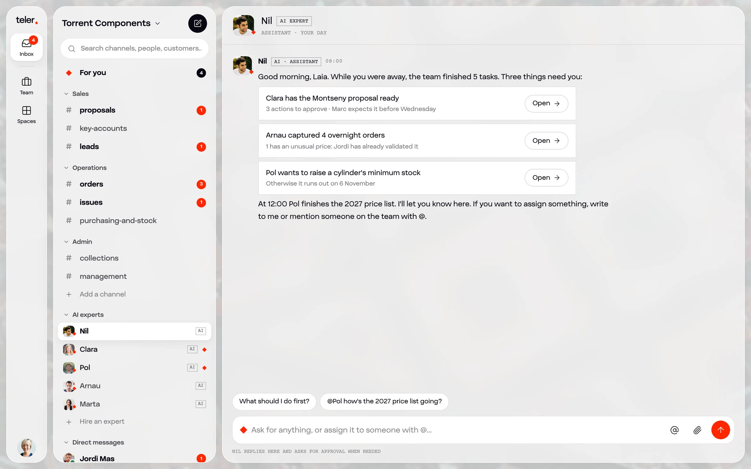 The Teler inbox at Torrent Components, with channels, customers and AI experts