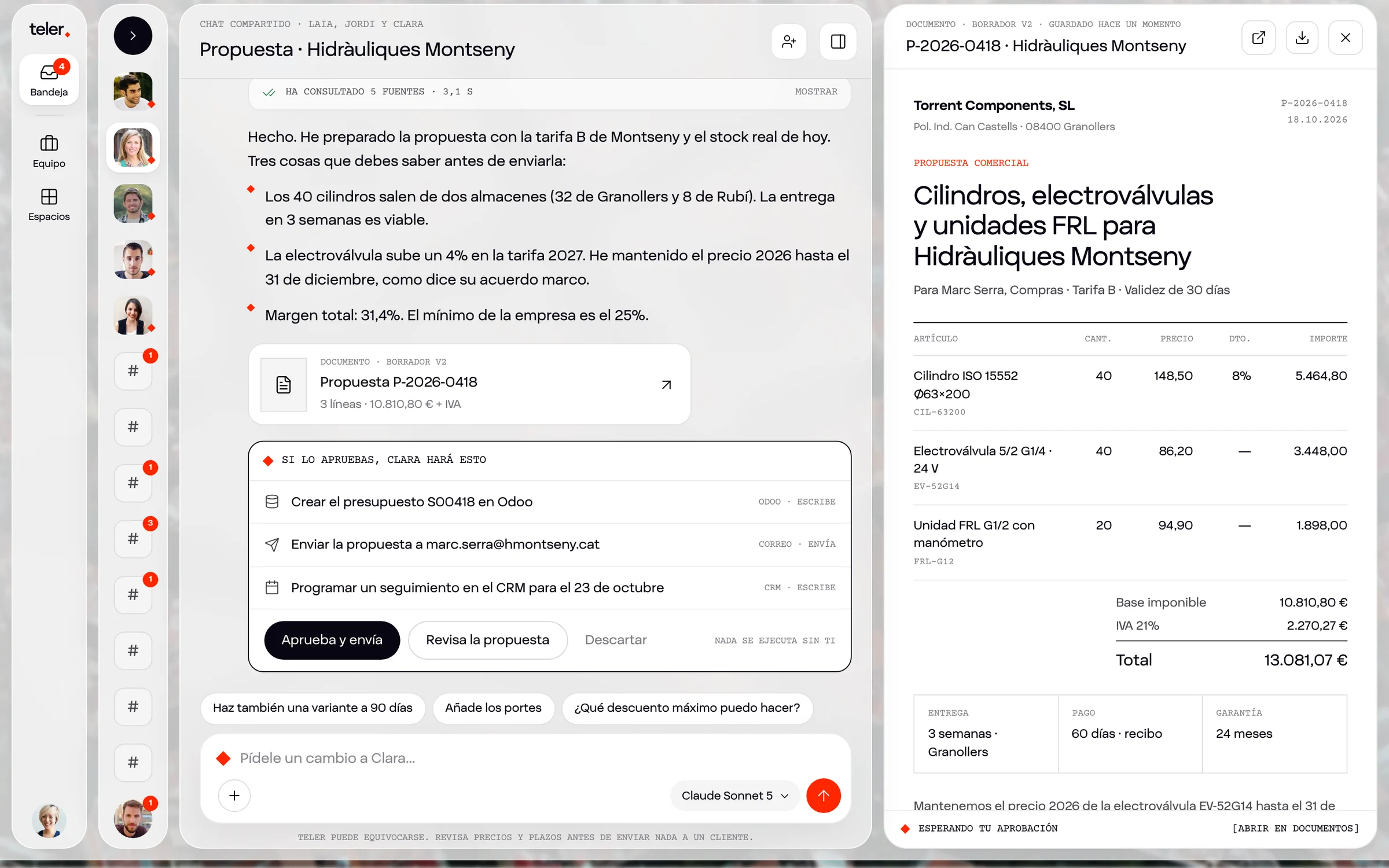 La demo de Teler: Clara ha preparado una propuesta y espera la aprobación