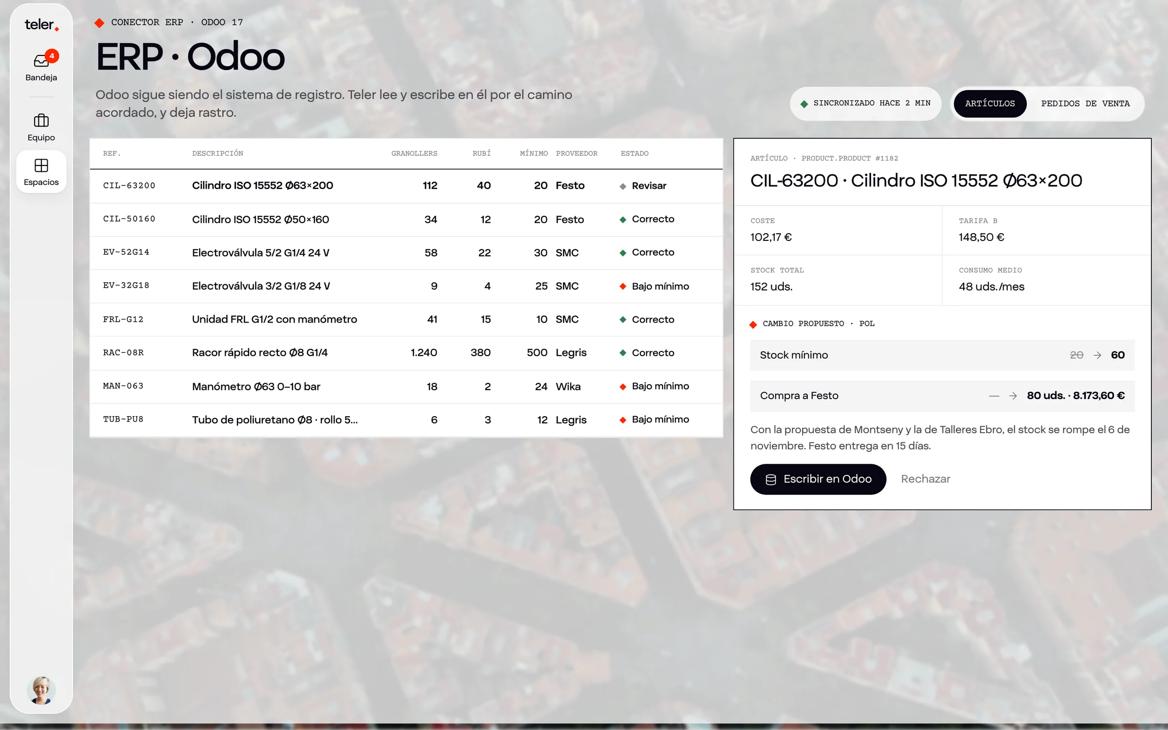 Vista del stock generada en Teler con los datos vivos de Odoo