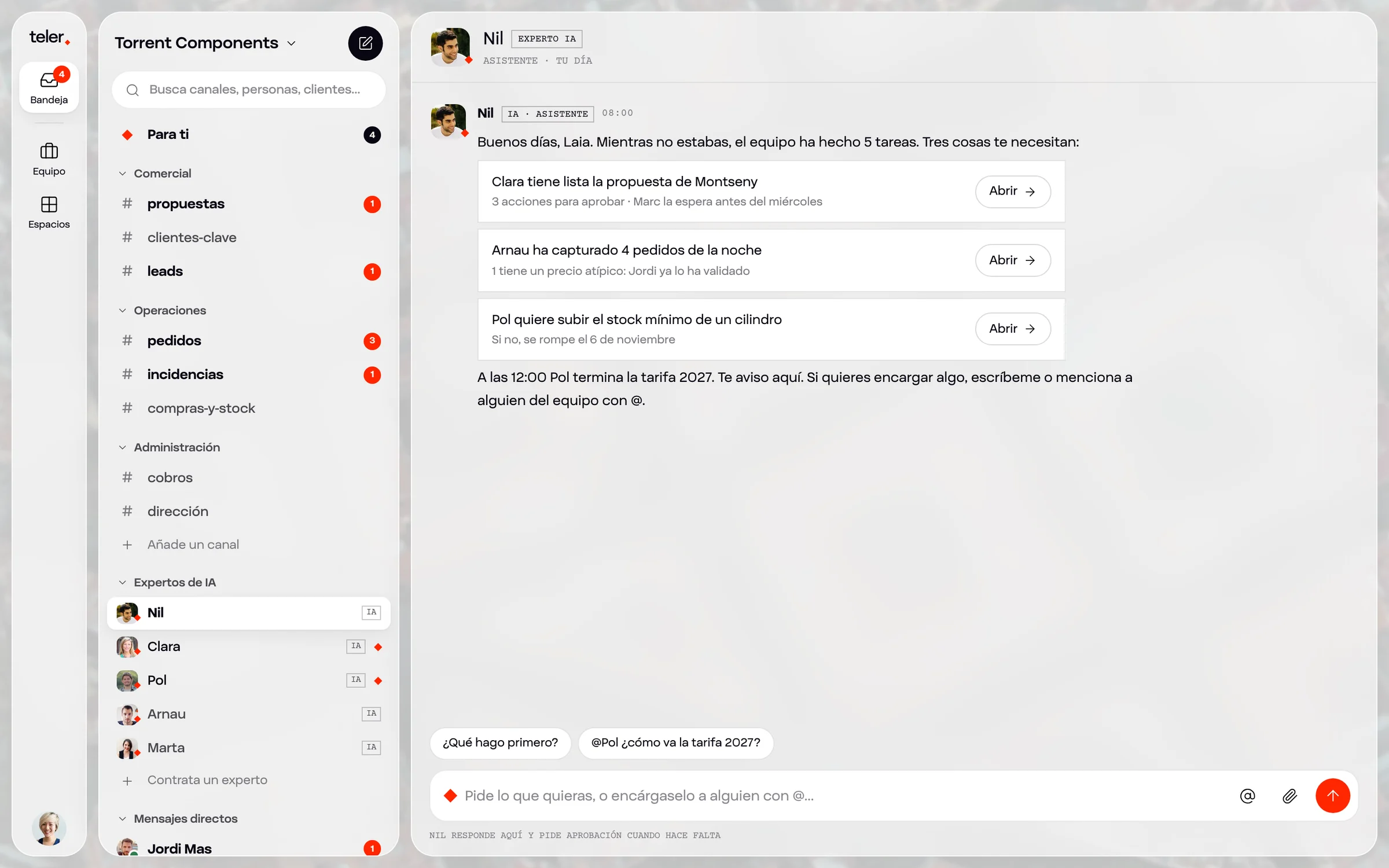 La bandeja de Teler en Torrent Components, con canales, clientes y expertos de IA